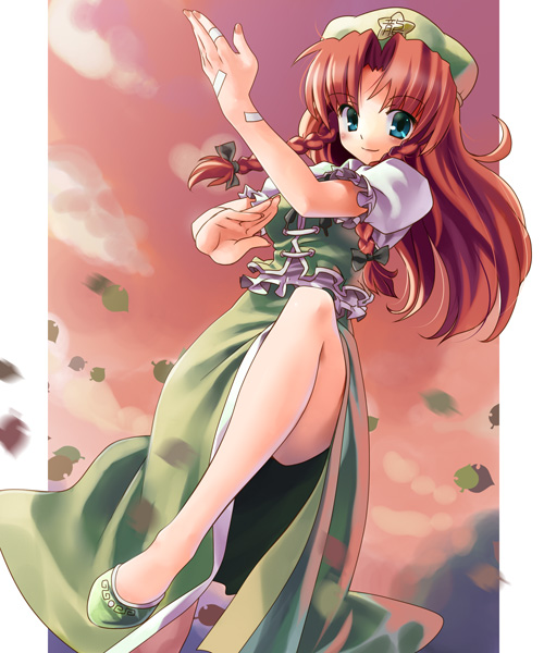 katahira masashi, hong meiling, immaterial and missing power, touhou, 1girl, bandaid, bandaid on arm, bandaid on hand, beret, blue eyes, braid, chinese clothes, female focus, fighting stance, hat, leaf, leg lift, long hair, outdoors, red hair, side slit, skirt, sky, solo, twin braids