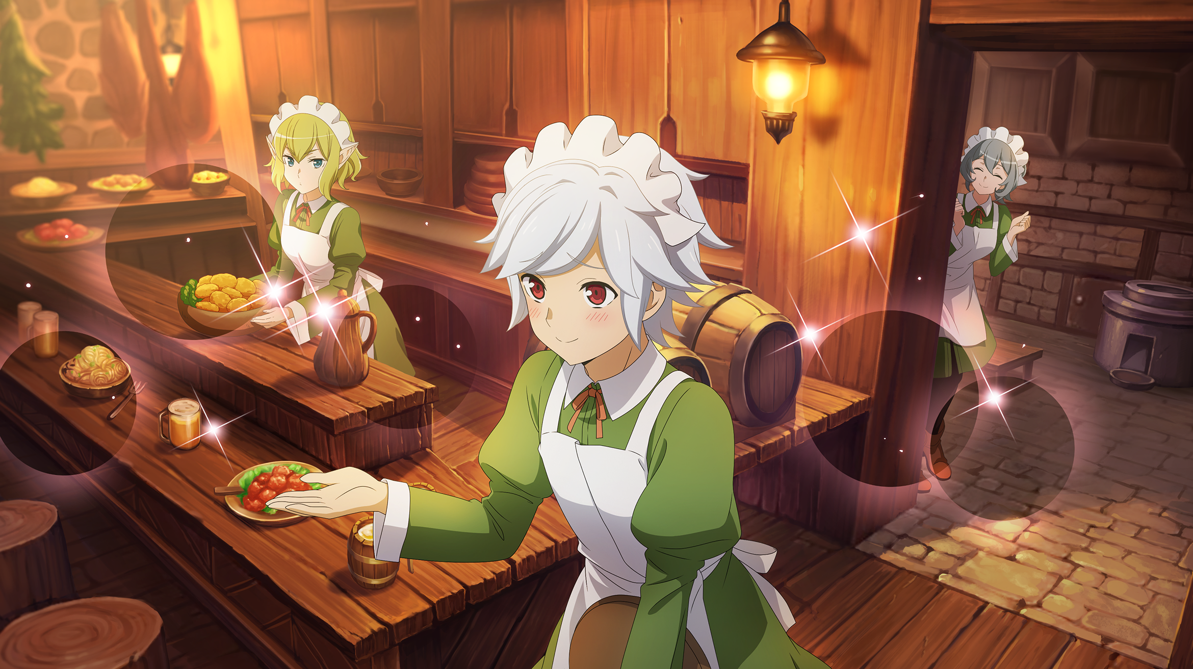 bell cranel, ryu lion, syr flover, danmachi battle chronicle, dungeon ni deai wo motomeru no wa machigatteiru darou ka, game cg, highres, non-web source, official art, 1boy, 2girls, alcohol, anime coloring, apron, barrel, beer, beer mug, black pantyhose, blue eyes, blush, boots, bowl, breasts, brick floor, brown boots, closed eyes, closed mouth, collared dress, counter, crossdressing, crossdressing (mtf), cup, dress, drinking glass, elf, food, fork, green dress, green hair, grey hair, holding, holding bowl, holding tray, indoors, juliet sleeves, lamp, long sleeves, looking at another, maid headdress, mug, multiple girls, neck ribbon, noodles, official alternate costume, orange ribbon, pantyhose, pointy ears, puffy sleeves, red eyes, ribbon, short hair, small breasts, smile, tavern, tray, waitress, white apron, white hair, white headdress, wooden bowl, wooden floor