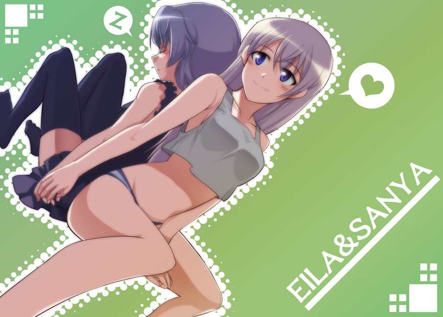 rison, eila ilmatar juutilainen, sanya v. litvyak, strike witches, world witches series, silver hair, 00s, 2girls, back-to-back, blue eyes, breasts, character name, closed eyes, couple, heart, holding hands, lingerie, medium breasts, multiple girls, panties, short hair, sleeping, smile, speech bubble, spoken heart, tank top, thighhighs, underwear, yuri, zzz