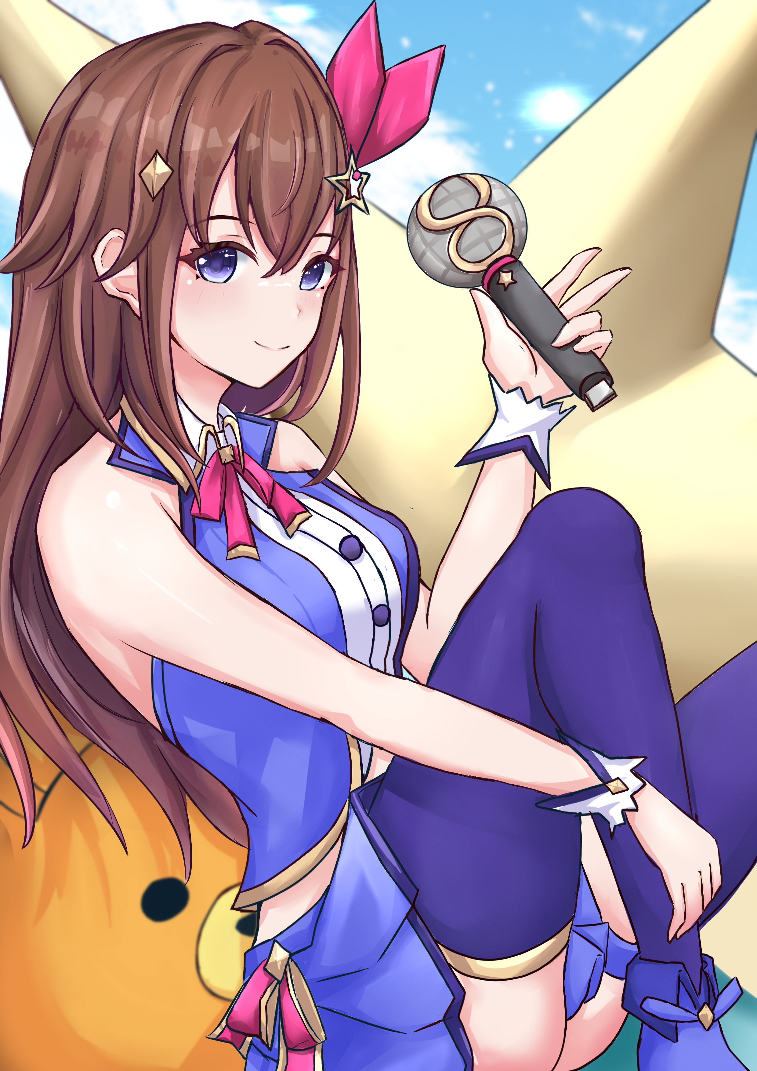 lawgdrawingworkshop, ankimo (tokino sora), tokino sora, tokino sora (1st costume), hololive, absurdres, highres, 1girl, blue thighhighs, blue vest, brown hair, closed mouth, diamond hair ornament, holding, holding microphone, long hair, looking at viewer, microphone, purple eyes, shirt, smile, solo, thighhighs, vest, virtual youtuber, white shirt