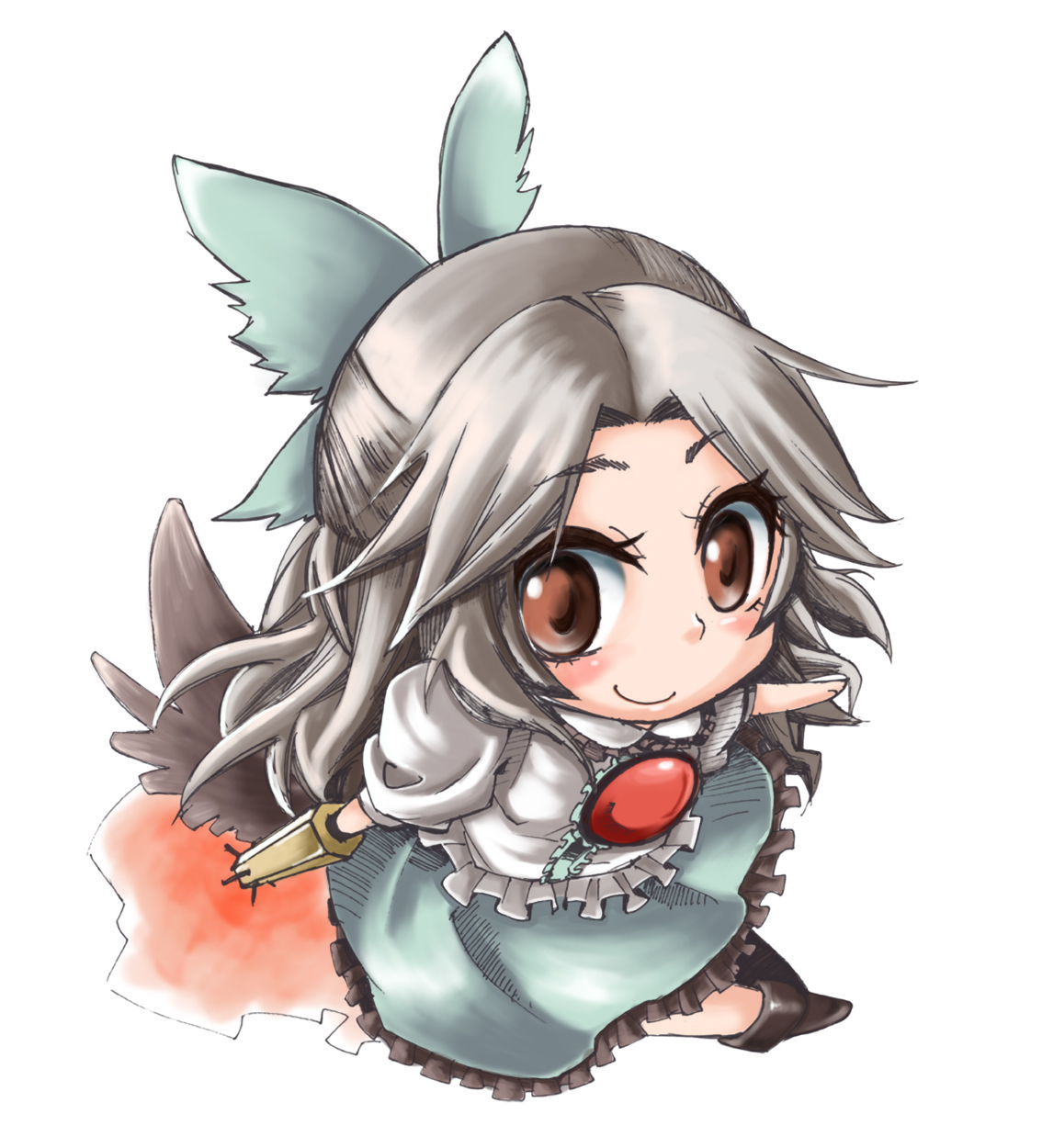 yappy, reiuji utsuho, touhou, highres, 1girl, chibi, female focus, full body, simple background, skirt, solo, white background, yapis