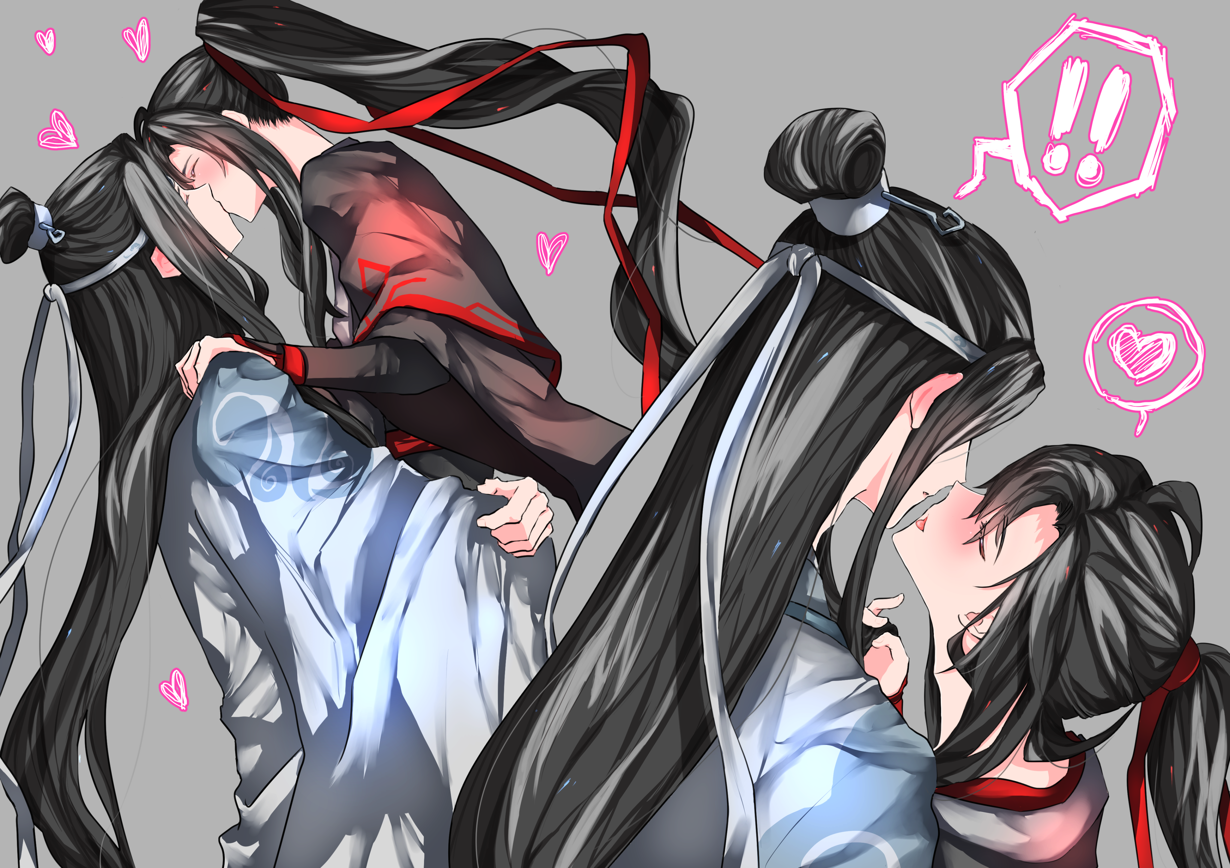 naruse (kmk648), lan wangji, wei wuxian, modao zushi, absurdres, highres, !, !!, 2boys, ahoge, androgynous, black hair, black hanfu, blush, chinese clothes, closed eyes, couple, grey background, hair ribbon, hanfu, headband, heart, holding another's hair, hug, imminent kiss, kiss, long hair, long sleeves, male focus, multiple boys, multiple views, parted lips, ponytail, profile, red ribbon, ribbon, robe, sidelocks, spoken exclamation mark, spoken heart, tongue, tongue out, topknot, very long hair, white hanfu, white headband, wide sleeves, xiao guan (headdress), yaoi