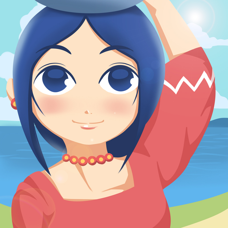jamesjoji, sue-belle, nintendo, the legend of zelda, the legend of zelda: the wind waker, commentary request, partial commentary, 1girl, arm up, beach, bead necklace, beads, blue eyes, blue hair, blue sky, cloud, day, earrings, jewelry, looking at viewer, medium hair, mountainous horizon, necklace, ocean, outdoors, pot on head, sky, smile, solo