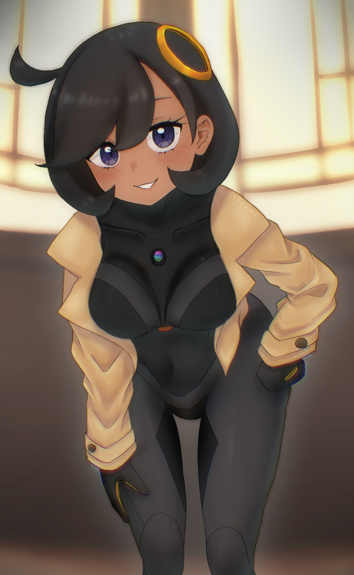 517pomme, emma (pokemon), nintendo, pokemon, pokemon legends: z-a, commentary request, highres, 1girl, black bodysuit, black gloves, black hair, blue eyes, blurry, blurry background, bodysuit, breasts, collared jacket, eyelashes, gloves, grin, happy, jacket, leaning forward, long sleeves, looking at viewer, open clothes, open jacket, ring hair ornament, short hair, smile, solo, teeth, yellow jacket