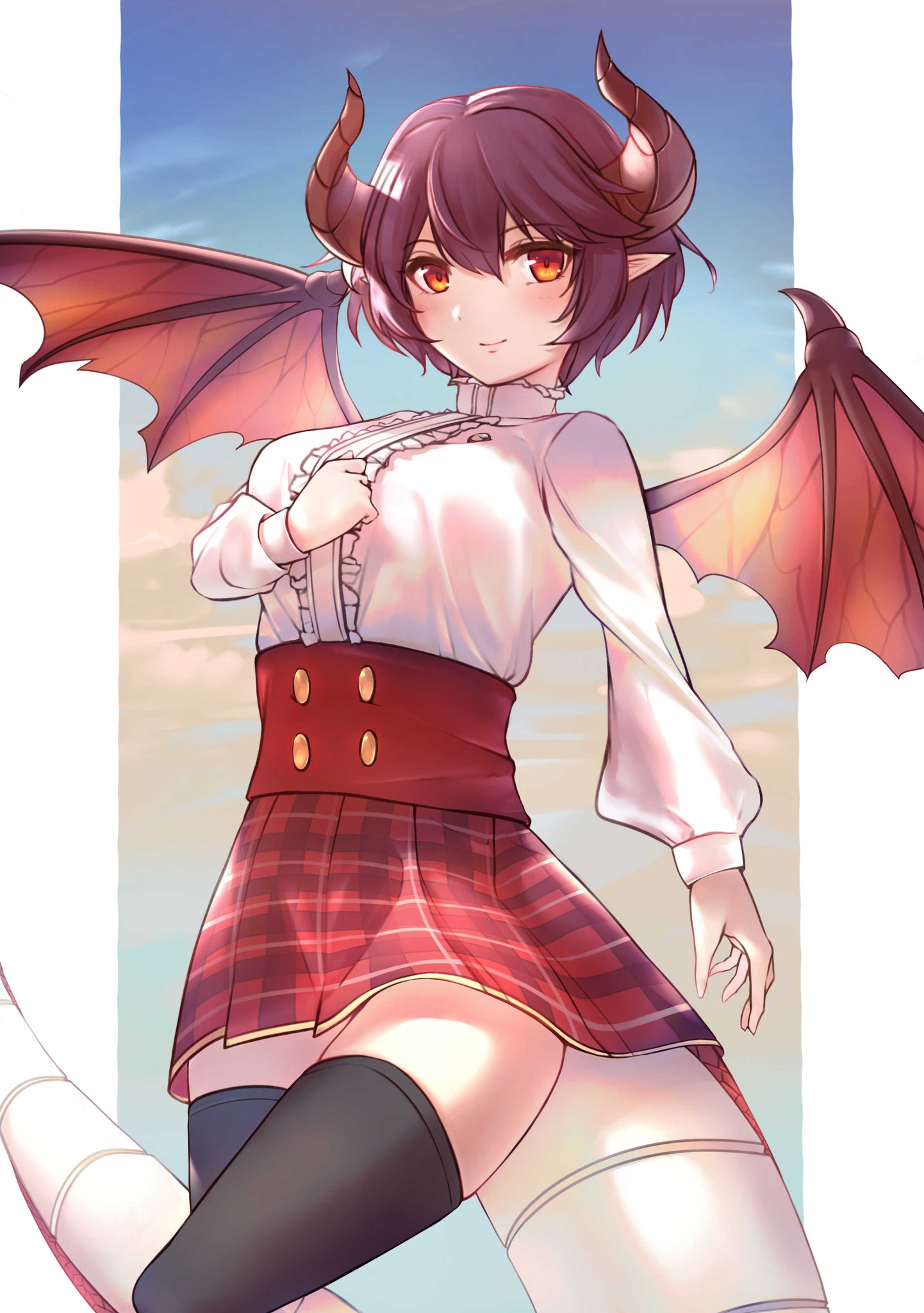 yodaka (yodakano ), grea (shingeki no bahamut), manaria friends, shingeki no bahamut, highres, 1girl, black thighhighs, breasts, brown hair, buttons, closed mouth, dragon girl, dragon horns, dragon tail, dragon wings, frilled shirt, frills, horns, large breasts, long sleeves, looking at viewer, medium hair, orange eyes, plaid clothes, plaid skirt, pointy ears, red skirt, shirt, skirt, smile, solo, tail, thighhighs, white shirt, wings