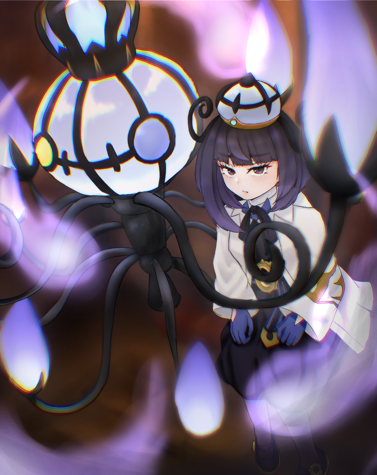 517pomme, chandelure, gwynn (pokemon), mega chandelure, nintendo, pokemon, pokemon legends: z-a, commentary request, highres, 1girl, black dress, black hair, black ribbon, blue gloves, blunt bangs, blurry, closed mouth, coat, dress, eyelashes, fire, gen 5 pokemon, gloves, grey eyes, hat, long hair, long sleeves, neck ribbon, open clothes, open coat, pokemon (creature), purple fire, ribbon, white coat