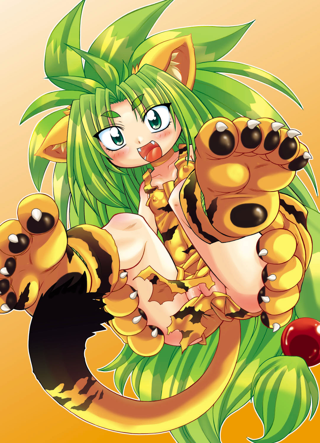murakami takashi (phbu), ph-bu, cham cham, samurai spirits, highres, animal ears, animal hands, animal print, blush, claws, covered erect nipples, fangs, feet, flat chest, green eyes, green hair, hair bobbles, hair ornament, long hair, messy hair, open mouth, pussy, smile, tail, tiger print, torn clothes, very long hair