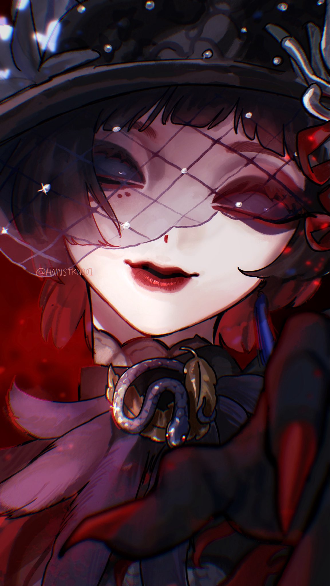 hnnstkn001, michiko (identity v), identity v, highres, 1girl, black eyes, black eyeshadow, black hair, black hands, black hat, black sclera, black veil, brooch, colored extremities, colored sclera, earrings, eyeliner, eyeshadow, feathers, gloves, hat, hat feather, jewelry, lace, lipstick, looking at viewer, makeup, michiko (noctis) (identity v), mole, portrait, reaching, reaching towards viewer, red background, red eyeliner, red lips, red nails, see-through clothes, see-through veil, short hair, smile, snake, solo, veil