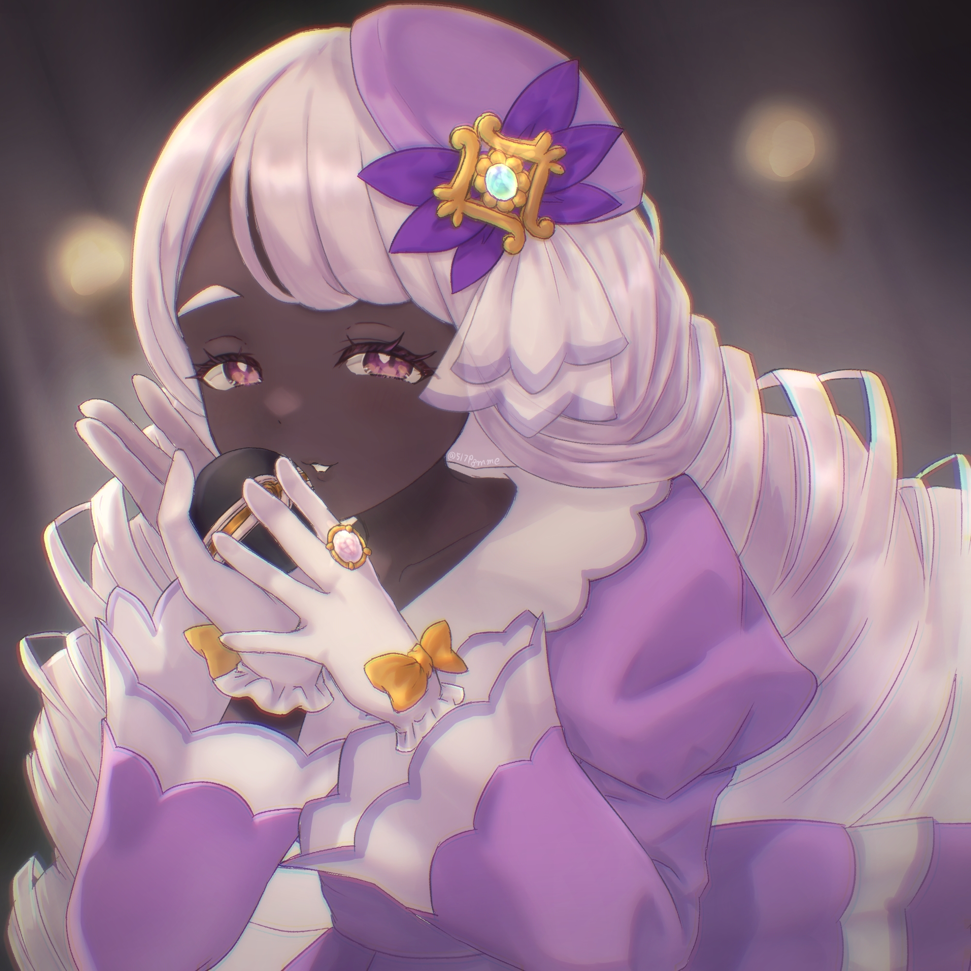 517pomme, jacinthe (pokemon), nintendo, pokemon, pokemon legends: z-a, commentary request, highres, 1girl, blurry, blurry background, bow, bright pupils, dark-skinned female, dark skin, dress, eyelashes, glove bow, gloves, hair ornament, hands up, holding, holding poke ball, jewelry, long hair, long sleeves, luxury ball, poke ball, puffy sleeves, purple dress, purple eyes, ring, solo, white gloves, yellow bow