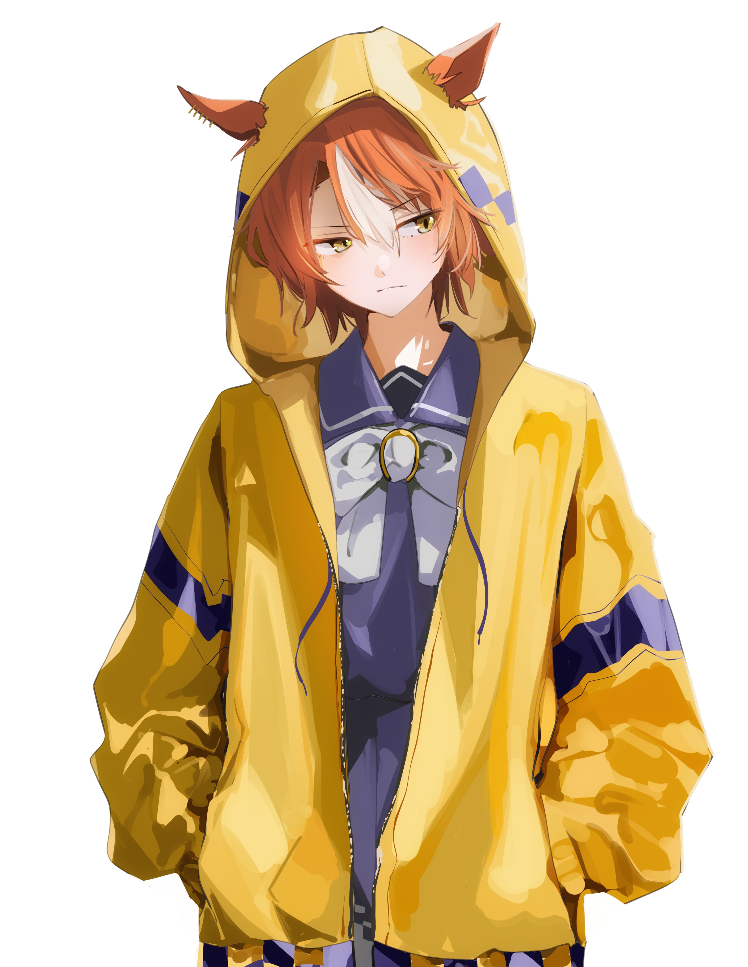yoojp, dictus striker (umamusume), umamusume, umamusume: cinderella gray, absurdres, highres, animal ears, bow, bowtie, brown hair, ears through headwear, ears through hood, hair between eyes, hands in pockets, hood, hooded jacket, hoodie, horse ears, horse girl, jacket, long sleeves, looking down, multicolored hair, purple sailor collar, purple serafuku, purple shirt, purple skirt, sailor collar, sailor shirt, school uniform, serafuku, shirt, short hair, simple background, skirt, streaked hair, tracen school uniform, white background, white bow, white bowtie, white hair, yellow eyes, yellow hood, yellow hoodie, yellow jacket