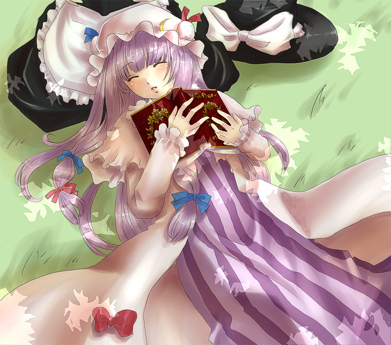 geike, kirisame marisa, patchouli knowledge, touhou, bad id, bad pixiv id, 2girls, book, female focus, hat, lap pillow, multiple girls, purple hair, ribbon, sleeping, witch, witch hat
