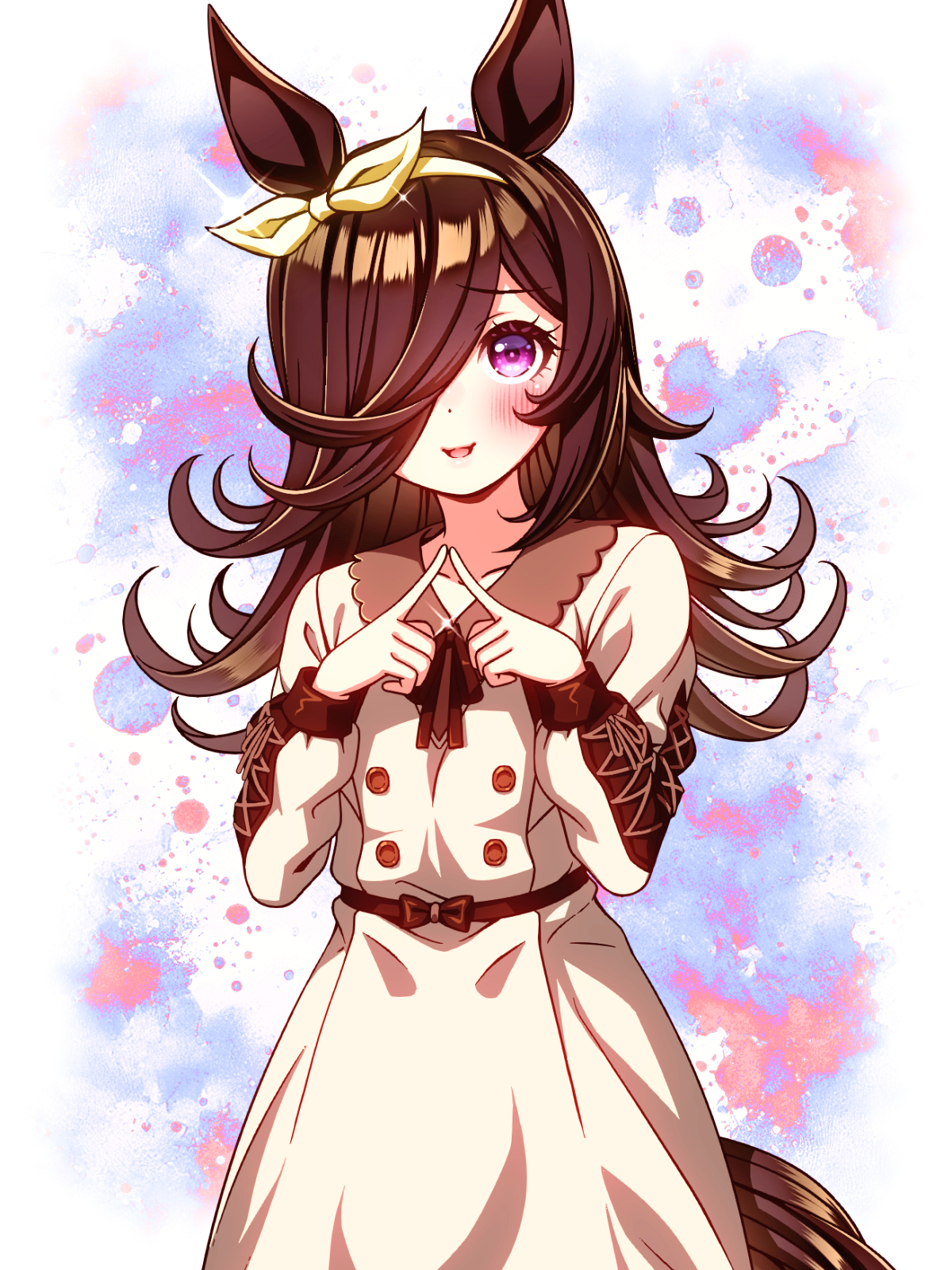 sugimotty nova, rice shower (casual) (umamusume), rice shower (umamusume), umamusume, highres, 1girl, animal ears, blush, bow hairband, brown dress, brown hair, brown ribbon, casual, collarbone, collared dress, dress, flipped hair, hair over one eye, hairband, horse ears, horse girl, horse tail, long hair, long sleeves, looking at viewer, official alternate costume, open mouth, purple eyes, ribbon, smile, solo, tail, white hairband
