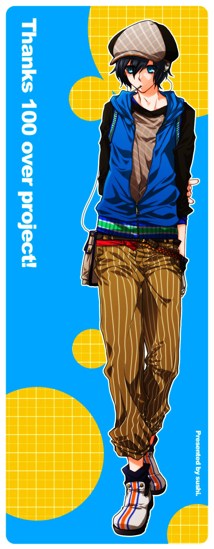 sushi (artist), yuuki makoto (persona 3), atlus, persona, persona 3, highres, long image, tall image, bag, blue eyes, blue hair, fashion, hat, headphones, male focus, short hair, solo