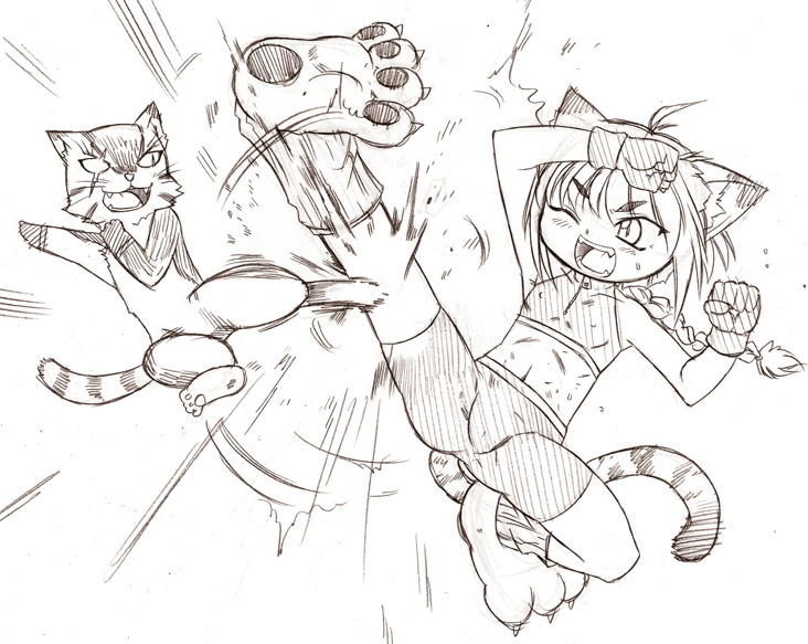 murakami takashi (phbu), ph-bu, ahoge, animal ears, animal hands, battle, bike shorts, cat, cat ears, cat tail, covered erect nipples, fangs, feet, kicking, loli, monochrome, open mouth, tail