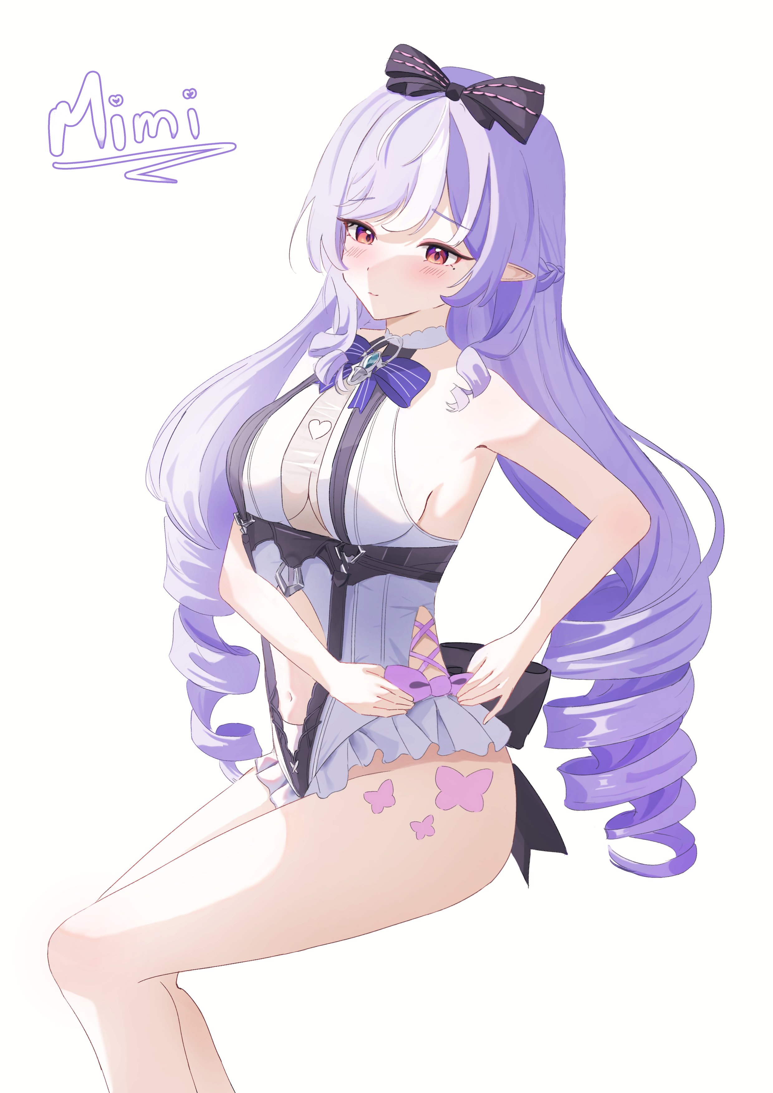 mimiliaa, vivian banshee, vivian banshee (iris of the shore), zenless zone zero, absurdres, highres, 1girl, blush, bow, frilled one-piece swimsuit, frills, hair bow, long hair, mole, mole under eye, multicolored hair, navel, official alternate costume, one-piece swimsuit, purple hair, ribbon, simple background, sitting, streaked hair, swimsuit, thighs, white one-piece swimsuit