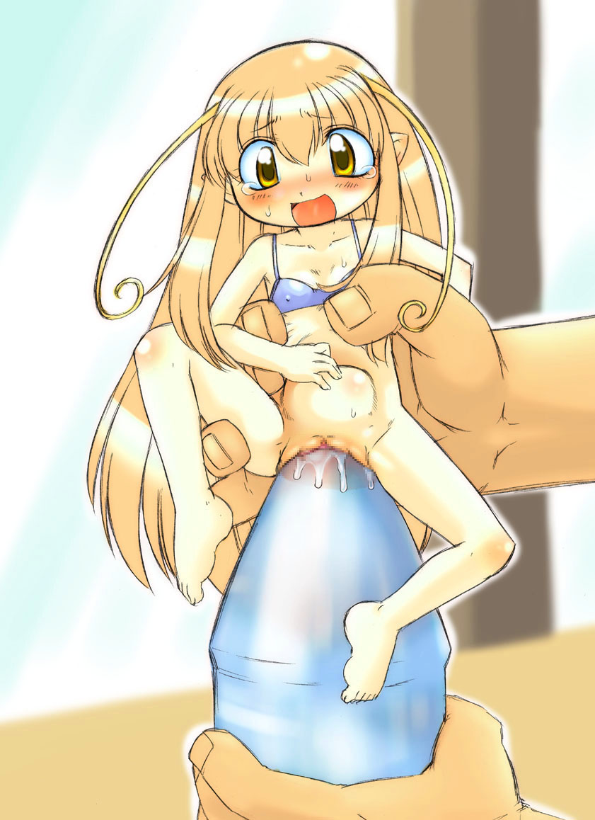 murakami takashi (phbu), ph-bu, eyebrows, 1girl, antennae, barefoot, blonde hair, blurry, blush, bottle, bottomless, bra, censored, depth of field, feet, flat chest, full body, hetero, indoors, large insertion, lingerie, loli, long hair, male hand, mini person, minigirl, mosaic censoring, object insertion, open mouth, pointy ears, pussy, pussy juice, size difference, smile, stomach bulge, sweat, tearing up, tears, toes, underwear, vaginal, vaginal object insertion, very long hair, yellow eyes