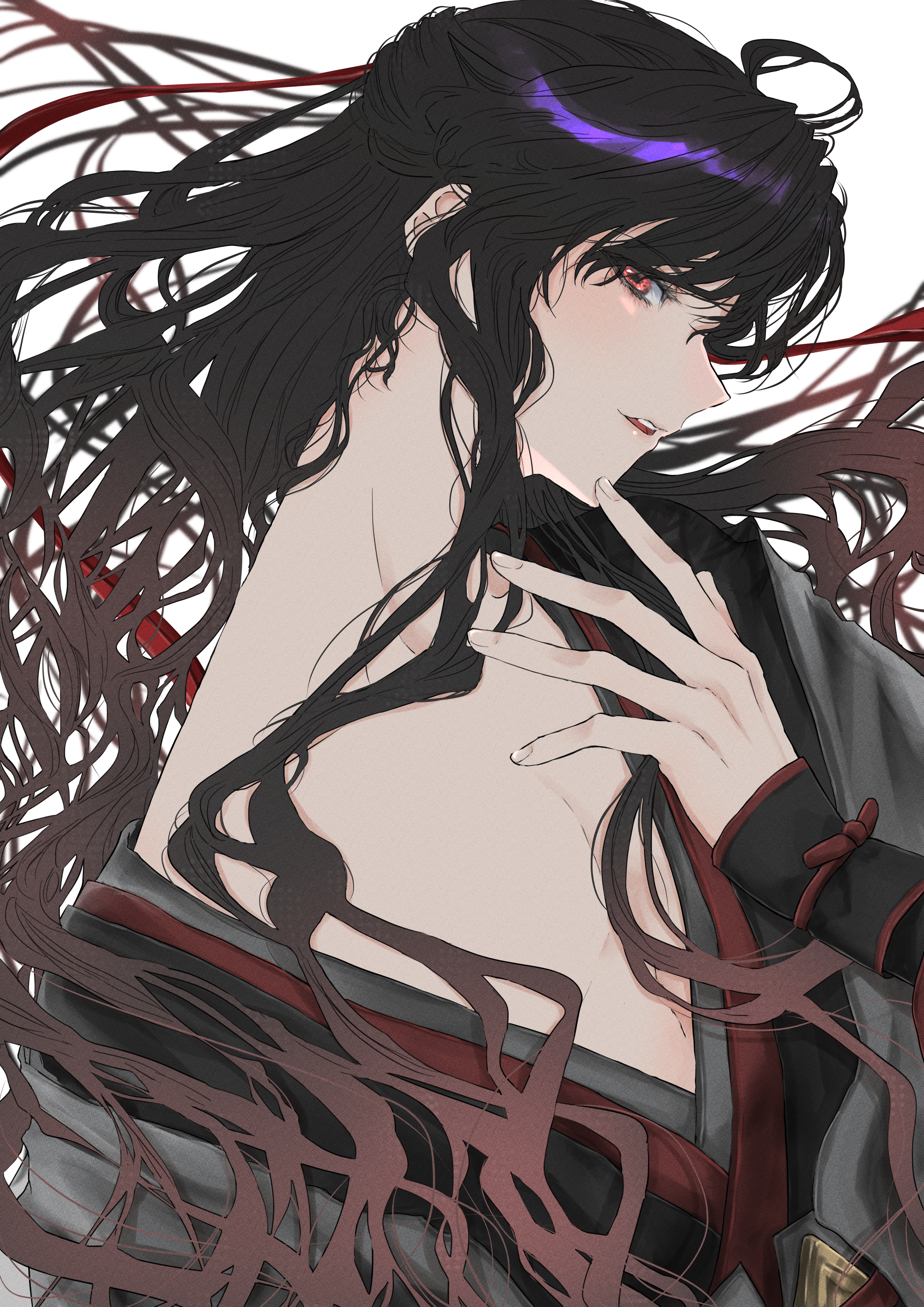 naruse (kmk648), wei wuxian, wei wuxian (yiling laozu), modao zushi, absurdres, highres, 1boy, ahoge, androgynous, bare shoulders, bishounen, black hair, black hanfu, blush, brown hair, chinese clothes, coat, eyelashes, floating hair, from side, girly boy, grey coat, hair down, hair ribbon, half updo, hand on own chin, hand up, hanfu, lips, long hair, long sleeves, looking at viewer, male focus, off shoulder, official alternate costume, official alternate hairstyle, open clothes, open coat, parted lips, pectoral cleavage, pectorals, profile, red eyes, red ribbon, ribbon, robe, sidelocks, simple background, single bare shoulder, sleeves past wrists, smile, solo, upper body, vambraces, very long hair, white background, wide sleeves