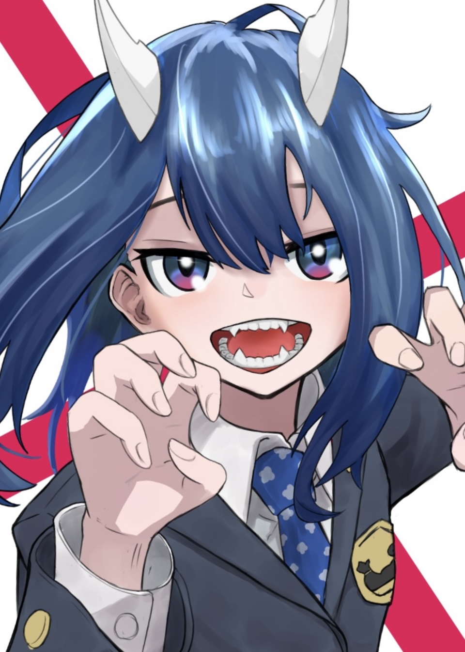 aoki ruri, ruridragon, highres, 1girl, black jacket, blazer, blue eyes, blue hair, blue necktie, claw pose, collared shirt, dragon girl, dragon horns, fangs, fingernails, hair between eyes, hands up, horns, jacket, long sleeves, looking at viewer, medium hair, multicolored eyes, necktie, open mouth, school uniform, shirt, simple background, smile, solo, teeth, tensyaji, upper body, white shirt