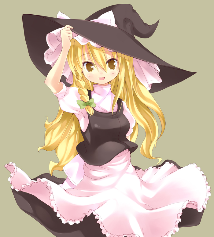 amaa (chou dennou jidai), kirisame marisa, touhou, bad id, bad pixiv id, 1girl, blonde hair, braid, female focus, hand on headwear, hat, long hair, simple background, solo, witch, witch hat, yellow eyes
