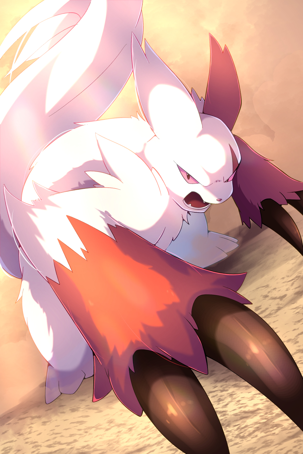 rumine (yoshi1234567), zangoose, nintendo, pokemon, commentary request, highres, angry, bent over, claws, day, gen 3 pokemon, open mouth, outdoors, pink eyes, pokemon (creature), pokemon focus, solo