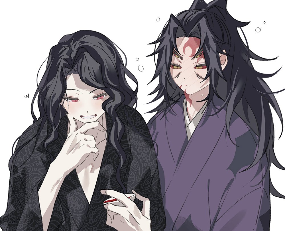 sal gun, kibutsuji muzan, kibutsuji muzan (female), kokushibou, kimetsu no yaiba, 1boy, 1girl, black hair, black kimono, collarbone, colored sclera, hand up, high ponytail, japanese clothes, kimono, long hair, ponytail, purple kimono, red eyes, red sclera, simple background, smile, spiked hair, sweatdrop, teeth, very long hair, white background, yellow eyes