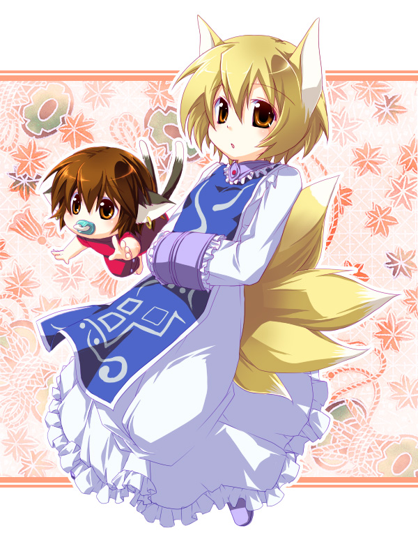 onemu, chen, yakumo ran, touhou, bad id, bad pixiv id, 2girls, aged down, animal ears, baby, blonde hair, brown eyes, brown hair, cat ears, cat girl, cat tail, earrings, female focus, fox ears, fox tail, hands in opposite sleeves, jewelry, long sleeves, multiple girls, multiple tails, no headwear, pacifier, short hair, tail, toddler, yellow eyes