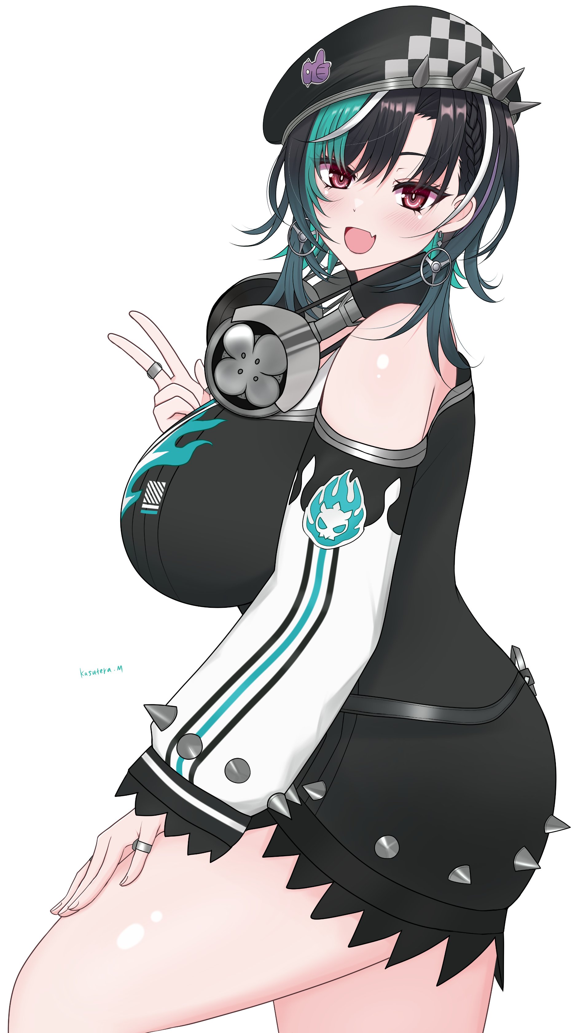 kasutera mikan, kasuterastellar, rindo chihaya, hololive, absurdres, highres, 1girl, beret, black dress, black hair, black hat, blush, breasts, detached sleeves, dress, earrings, fang, from side, green hair, hand on own thigh, hat, headphones, headphones around neck, huge breasts, jewelry, medium hair, multicolored hair, multiple rings, open mouth, pink eyes, purple hair, ring, short dress, skin fang, sleeveless, sleeveless dress, smile, solo, standing, steering wheel, streaked hair, thick thighs, thighs, v, virtual youtuber, white background, white hair, white sleeves, wolf cut