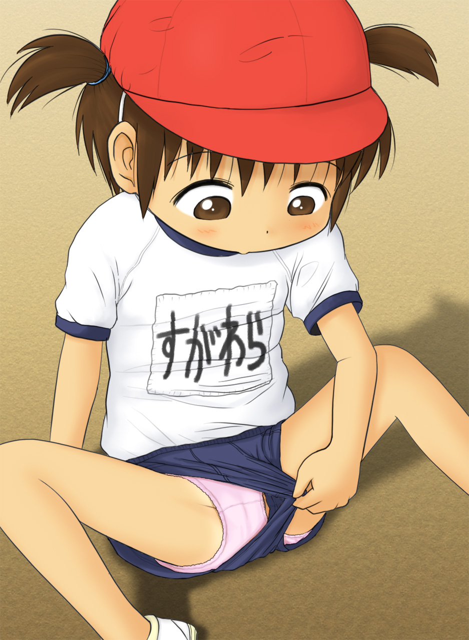 lasto, original, highres, blush, cameltoe, gym uniform, hat, loli, name tag, panties, shadow, short twintails, sitting, twintails, underwear