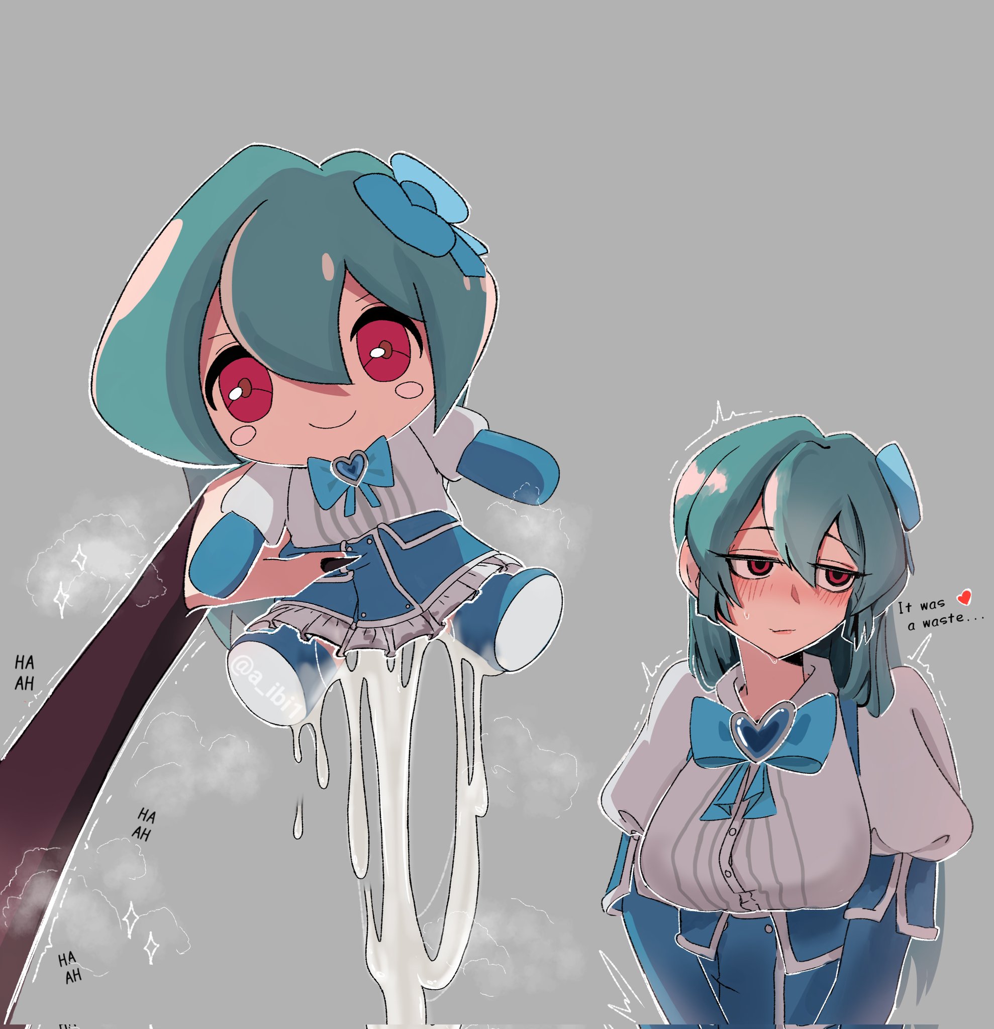 magia azure, magia baiser, mahou shoujo ni akogarete, artist request, 2girls, agalmatophilia, blue bow, blue bowtie, blush, bowtie, cum, cumdrip, doll, english text, green hair, heart, holding, holding doll, implied futanari, magical girl, multiple girls, red eyes, sparkle doll onahole (meme), steam