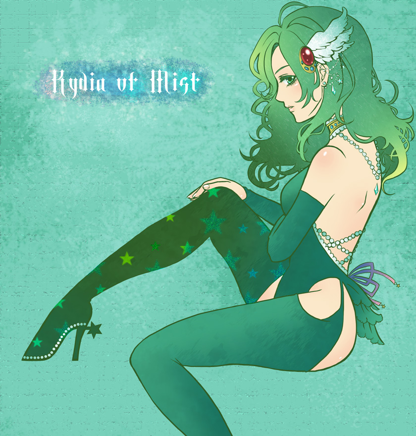 rydia (adult) (ff4), rydia (ff4), final fantasy, final fantasy iv, spoilers, 1990s (style), aged up, aqua background, asymmetrical legwear, boots, character name, from side, green boots, green eyes, green hair, high heel boots, high heels, leotard, retro artstyle, sitting, solo, thigh boots, thighhighs, uneven legwear, wavy hair