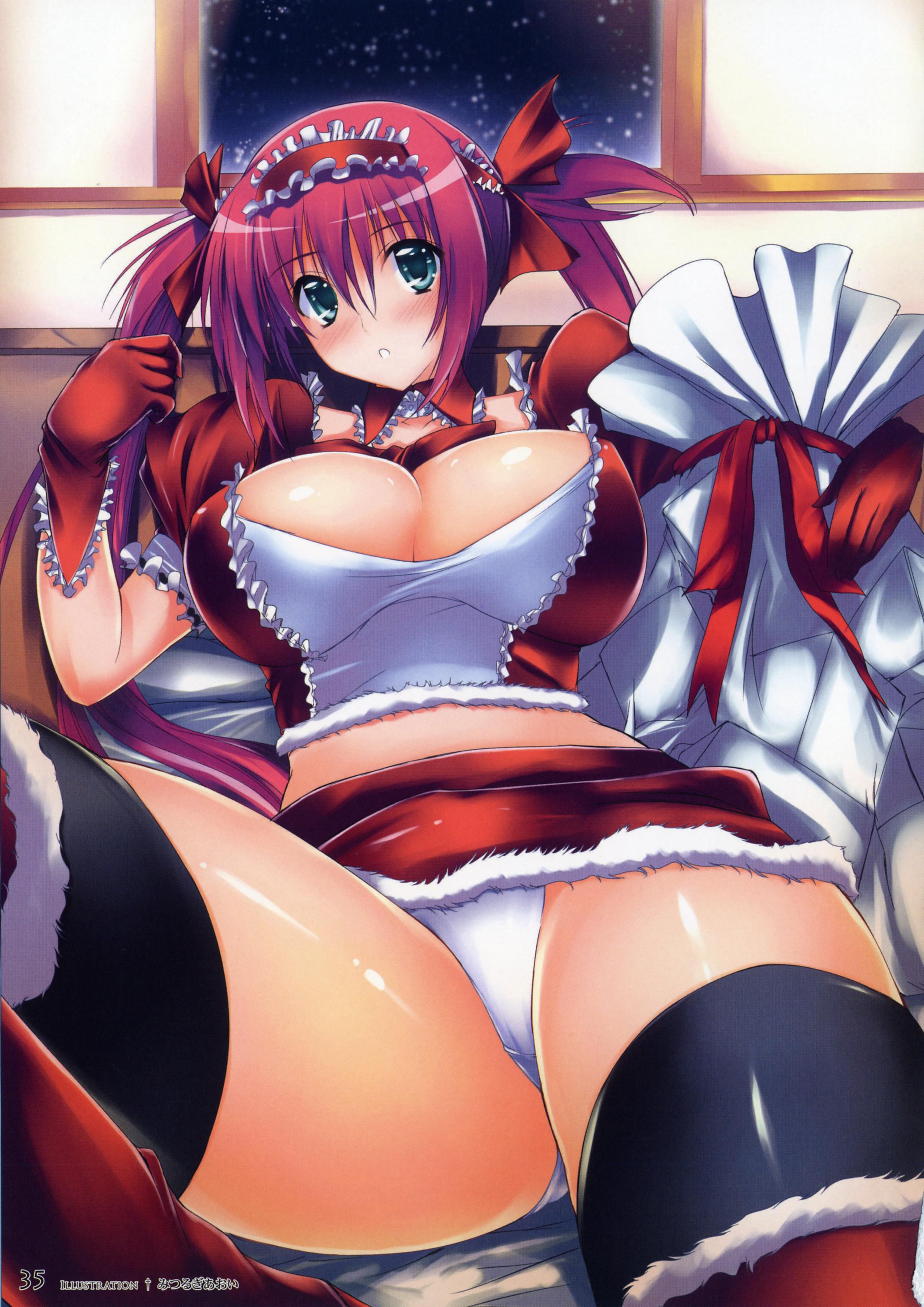 noto kurumi, airi (queen's blade), queen's blade, absurdres, highres, 00s, 1girl, bag, black thighhighs, blue eyes, blush, breasts, cameltoe, christmas, cleavage, curvy, female focus, gloves, green eyes, huge breasts, large breasts, leg up, legs, midriff, panties, pantyshot, red hair, ribbon, sack, santa costume, solo, thick thighs, thighhighs, thighs, twintails, underwear, white panties