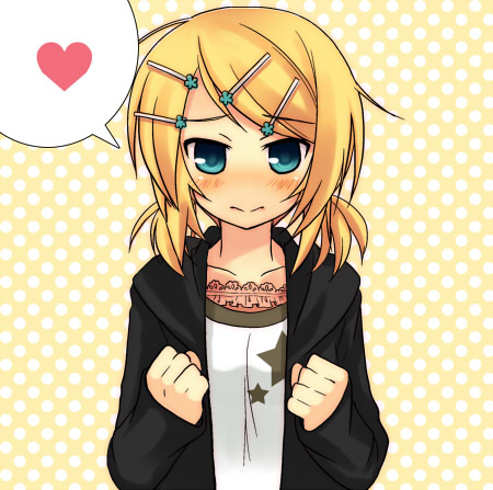 tamura hiro, kagamine rin, chu! shite! (vocaloid), vocaloid, lowres, 1girl, :>, alternate hairstyle, aqua eyes, blonde hair, blush, casual, female focus, frown, hair ornament, hairclip, heart, solo, speech bubble, star (symbol)
