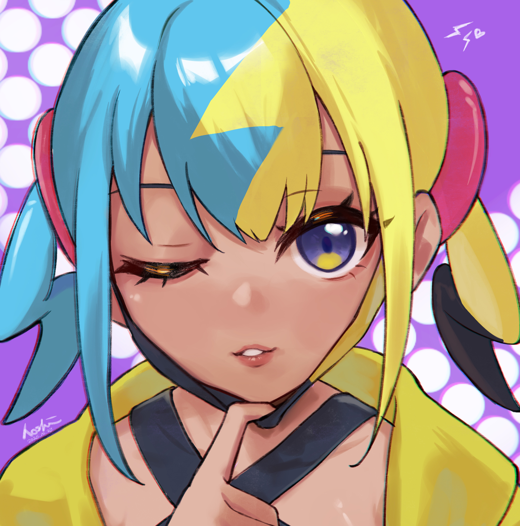 hoshizora (hoxisola), canari (pokemon), nintendo, pokemon, pokemon legends: z-a, commentary, highres, 1girl, blue eyes, eyelashes, hand up, jacket, looking at viewer, mask, mask pull, mouth mask, multicolored hair, one eye closed, portrait, purple background, short twintails, smile, solo, teeth, twintails, yellow jacket