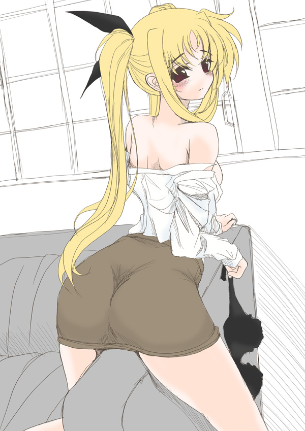 frapowa, fate testarossa, lyrical nanoha, mahou shoujo lyrical nanoha, mahou shoujo lyrical nanoha strikers, unfinished, 00s, 1girl, ass, blonde hair, blush, bra, female focus, hair ribbon, lingerie, long hair, looking back, no legwear, ribbon, solo, twintails, underwear, undressing