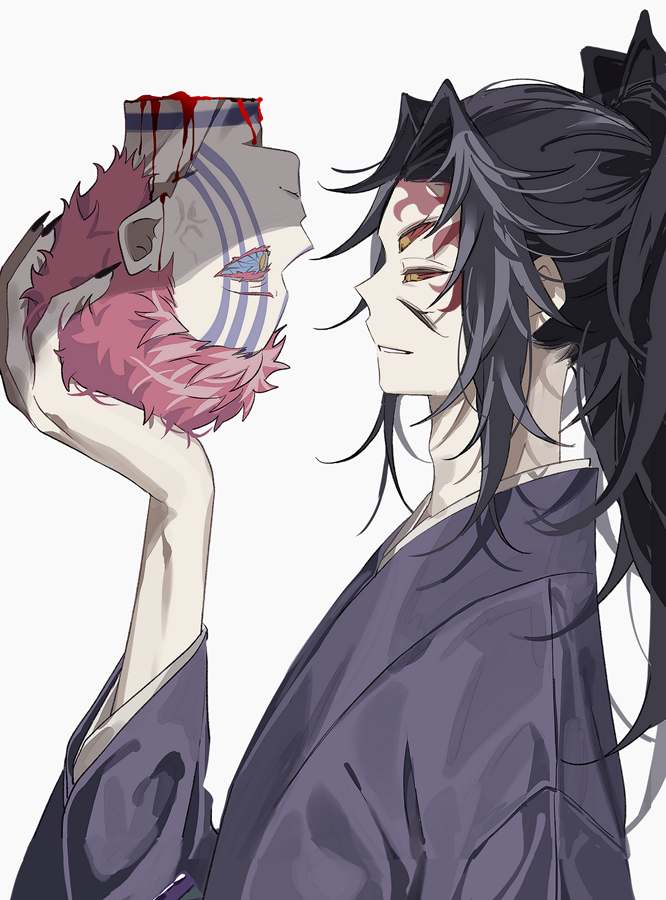 sal gun, akaza (kimetsu no yaiba), kokushibou, kimetsu no yaiba, 2boys, black hair, blood, blood from neck, closed mouth, colored sclera, decapitation, fingernails, grin, hand up, high ponytail, holding detached head, looking at another, male focus, multiple boys, pink hair, ponytail, red sclera, short hair, simple background, smile, spiked hair, teeth, veiny face, white background