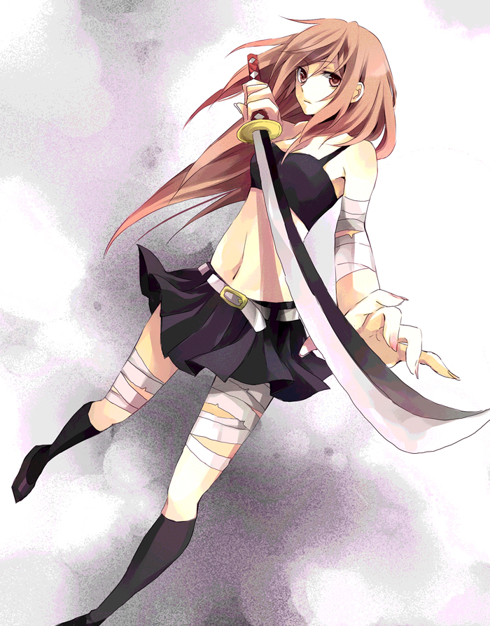 karu, yuzuki karu, original, bad id, bad pixiv id, bandages, brown eyes, brown hair, katana, midriff, skirt, sword, weapon