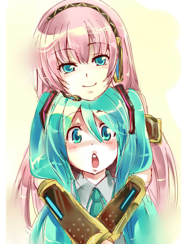 hatsune miku, megurine luka, vocaloid, lowres, 2girls, :o, aqua eyes, aqua hair, hug, long hair, multiple girls, open mouth, pink hair, smile, twintails