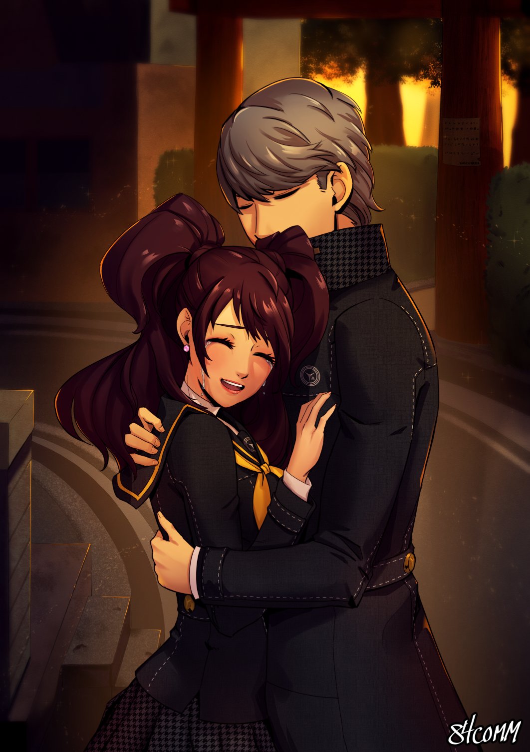 eightyfourart, kujikawa rise, narukami yu, persona, persona 4, highres, brown hair, crying, earrings, grey hair, hand on another's chest, houndstooth, hug, jewelry, school uniform, twintails, yasogami school uniform