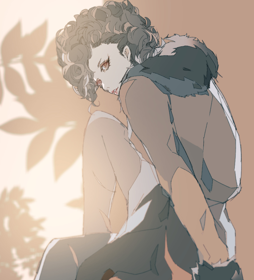 kyou o, pretty scar, disneyland, recruiters (disney), commentary request, 1girl, animification, black skirt, brown eyes, brown hair, curly hair, from side, fur-trimmed hood, fur-trimmed jacket, fur trim, hood, hooded jacket, jacket, knee up, long arms, long sleeves, looking at viewer, multicolored hair, parted lips, shadow, short hair, sitting, skirt, smile, solo, streaked hair, upper body