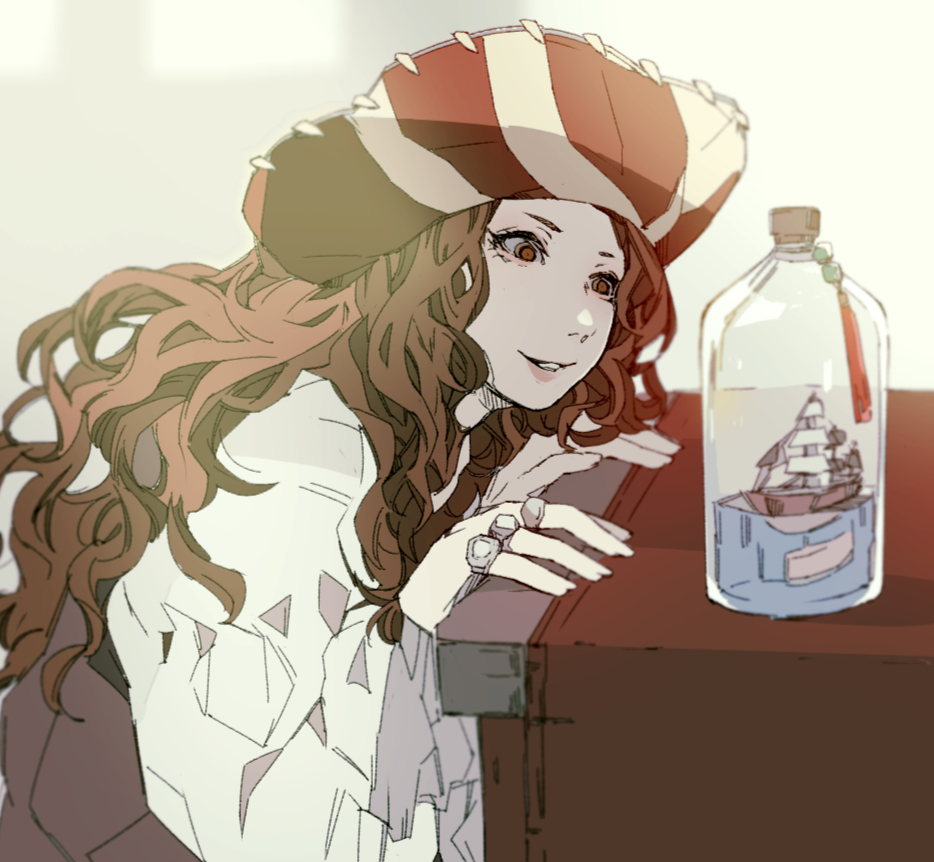 kyou o, hock, disneyland, 1girl, brown hair, closed mouth, food-themed ornament, gloves, hat, hook hand, long hair, long sleeves, looking at viewer, makeup, pirate, pirate costume, pirate hat, red hair, ship in a bottle, shirt, smile, solo, wavy hair, wide sleeves
