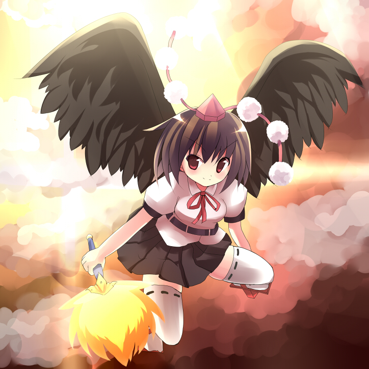 tsunono, shameimaru aya, touhou, 1girl, black hair, black wings, breasts, female focus, geta, hat, looking at viewer, red eyes, ribbon, skirt, solo, tengu-geta, thighhighs, tokin hat, wings