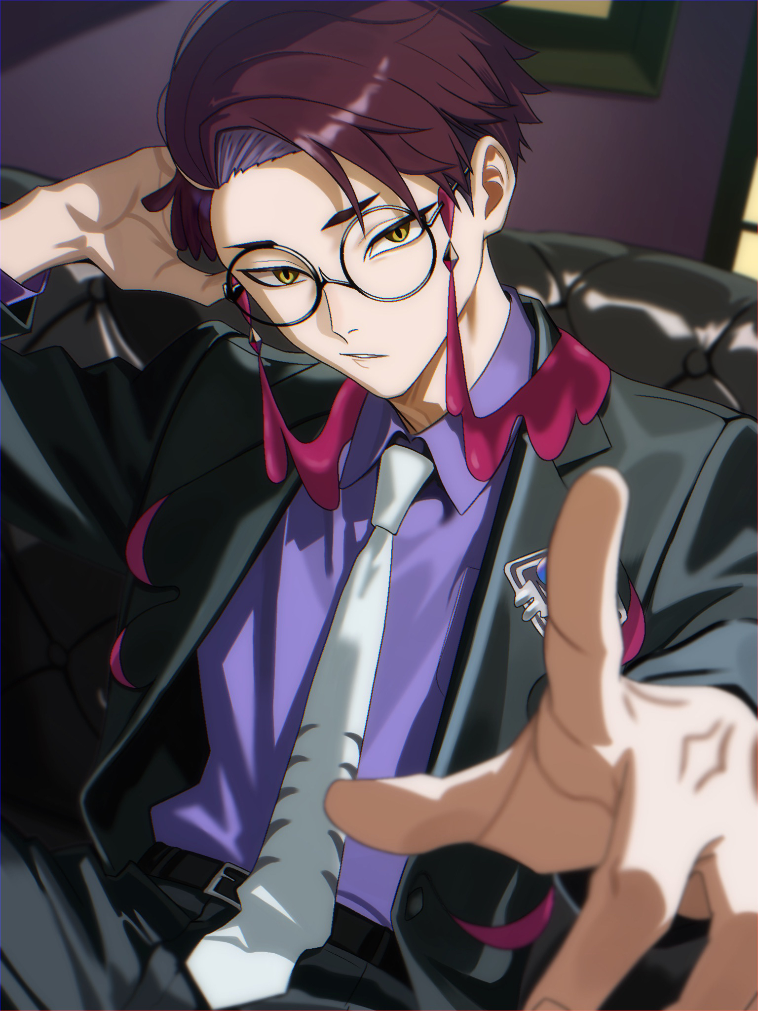 nnntuume, corbeau (pokemon), nintendo, pokemon, pokemon legends: z-a, commentary request, highres, 1boy, belt, black-framed eyewear, black belt, black jacket, black pants, collared shirt, glasses, indoors, jacket, long sleeves, male focus, necktie, open clothes, open jacket, pants, parted lips, purple shirt, round eyewear, shirt, short hair, sitting, solo, white necktie