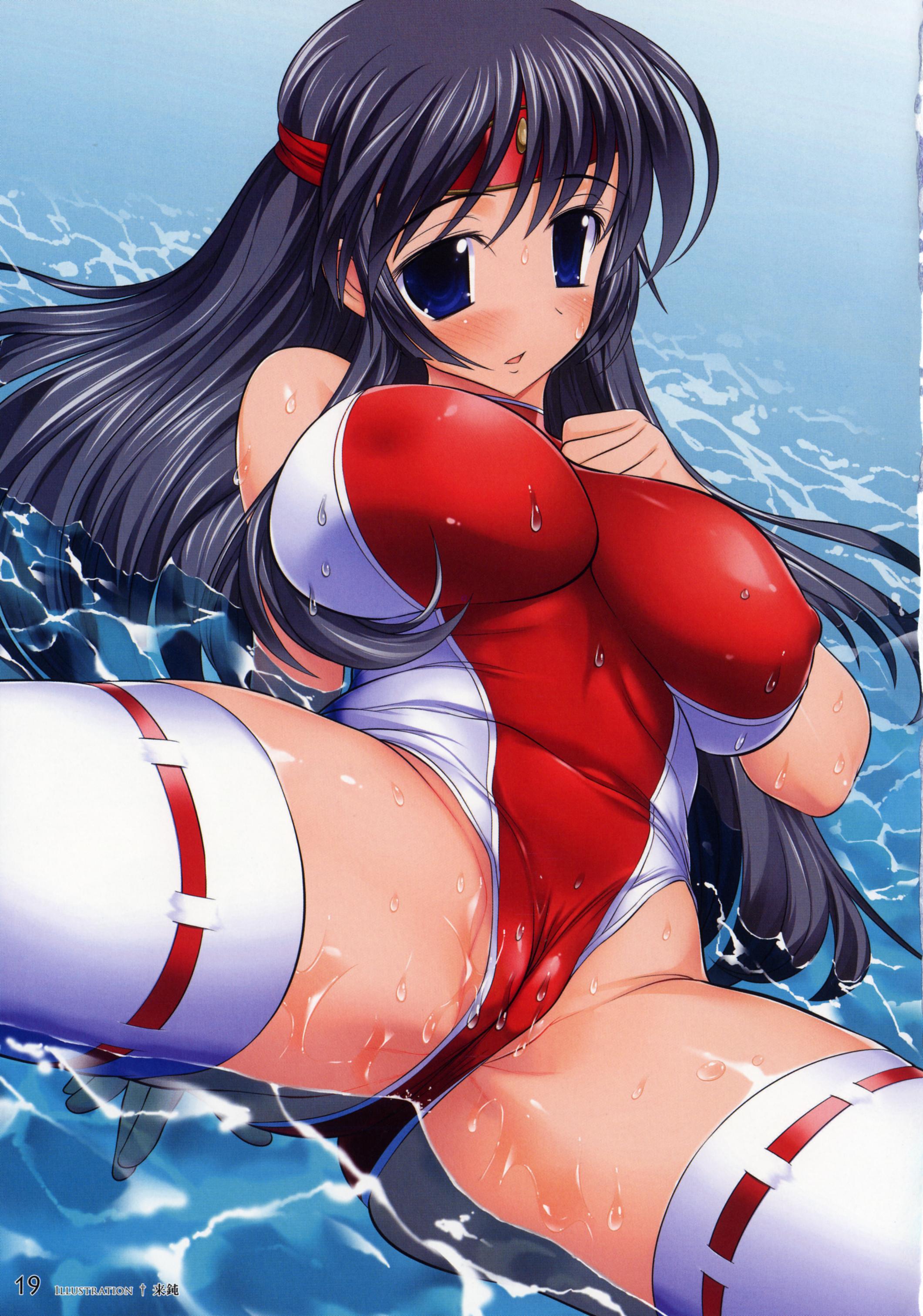 raidon, musha miko tomoe, tomoe (queen's blade), queen's blade, absurdres, highres, 00s, 1girl, black hair, blue hair, blush, breasts, cameltoe, female focus, headband, large breasts, long hair, one-piece swimsuit, solo, swimsuit, thighhighs, water, wet