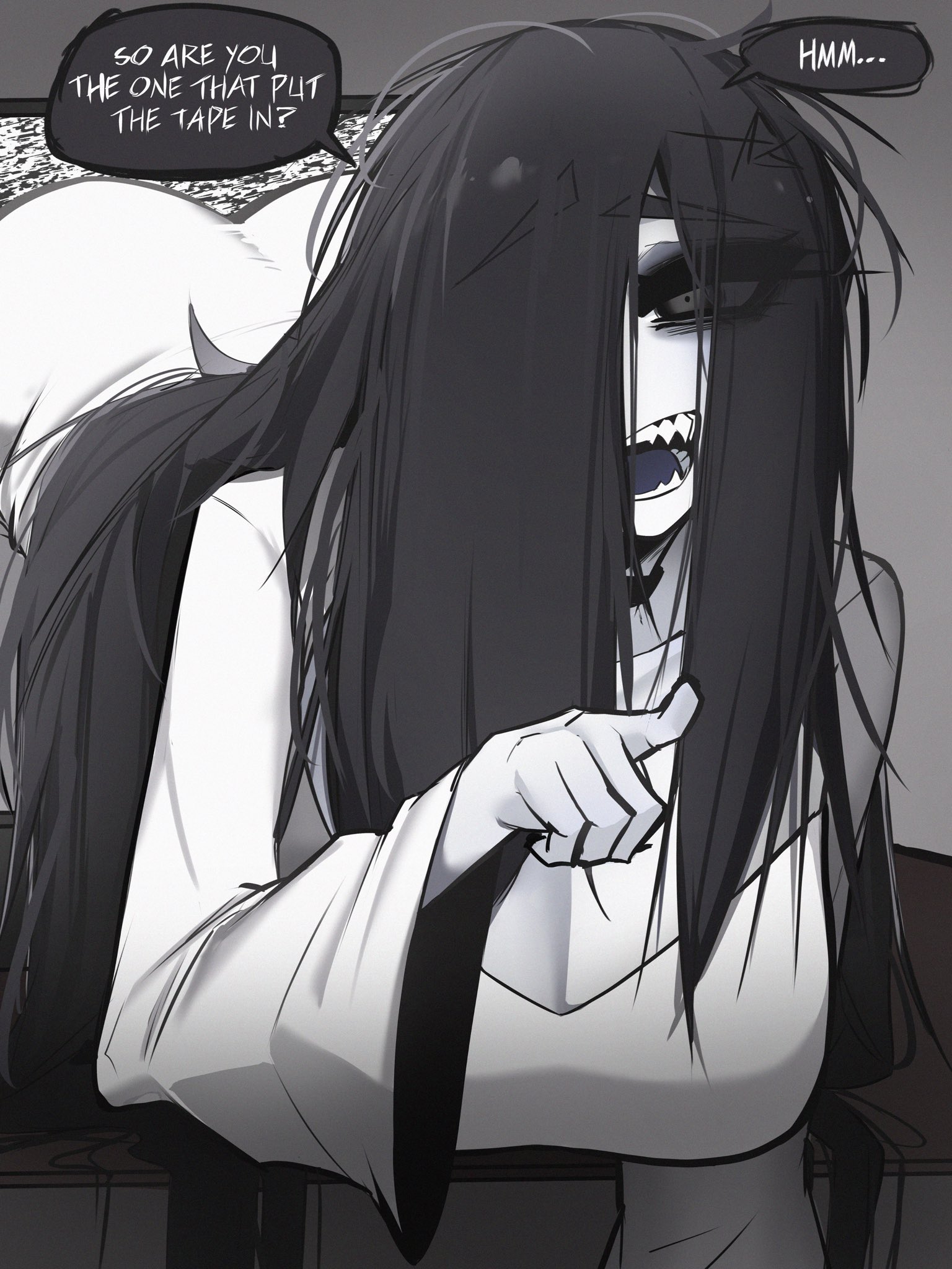 ace glitch, yamamura sadako, the ring, highres, tagme, ass, black hair, breasts, butt crack, cleavage, colored skin, curvy, dress, english text, ghost, ghost girl, grey skin, hair over one eye, huge ass, large breasts, long hair, looking at viewer, pointing, sharp teeth, speech bubble, static, teeth, television, white dress