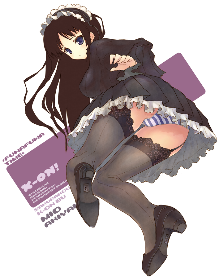 kagutsuchi (artist), kagutsuchi (l'archange), akiyama mio, fuwafuwa time, k-on!, lace-trimmed legwear, 00s, 1girl, alternate costume, ass, black dress, black hair, blue eyes, cameltoe, dress, enmaided, female focus, garter belt, gothic lolita, hairband, lace, lace trim, lingerie, lolita fashion, lolita hairband, long hair, maid, maid headdress, panties, pantyshot, petticoat, shoes, solo, striped clothes, striped panties, thighhighs, underwear