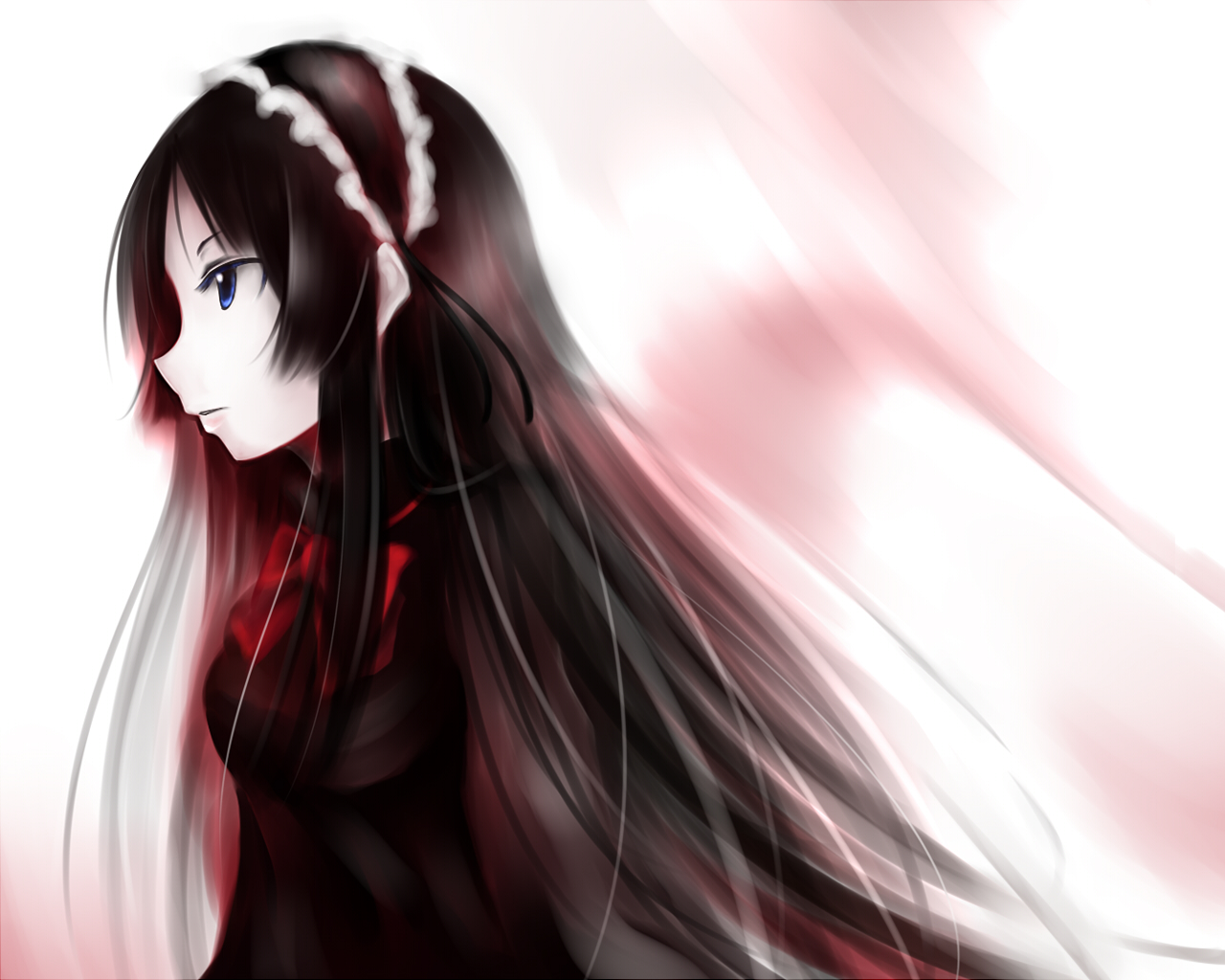 cla, akiyama mio, fuwafuwa time, k-on!, 00s, 1girl, black dress, black hair, blue eyes, bow, dress, female focus, hairband, lolita hairband, long hair, maid headdress, profile, solo