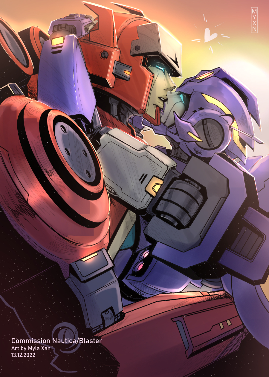 myla xan, blaster (transformers), nautica (transformers), the transformers (idw), transformers, highres, blue eyes, cybertron, french kiss, glowing, glowing eyes, helmet, humanoid robot, kiss, mecha, mechanical wings, purple lips, robot, robot girl, science fiction, wings