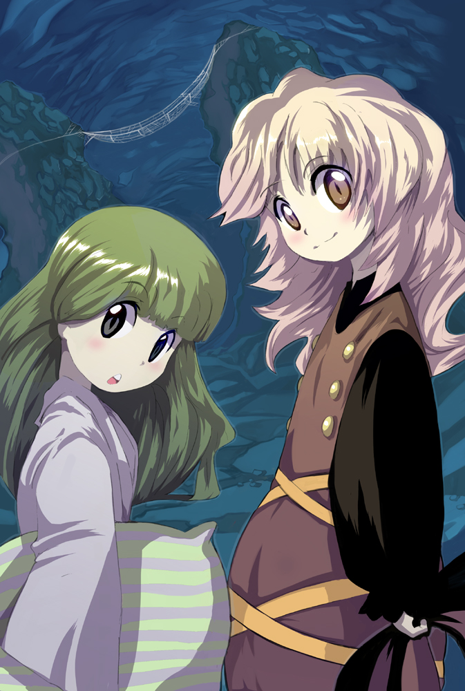 shape, syope, kisume, kurodani yamame, touhou, 2girls, :o, alternate hair length, alternate hairstyle, blonde hair, blunt bangs, female focus, green hair, hair down, multiple girls, pillow, short hair, silk, smile, spider web, yellow eyes