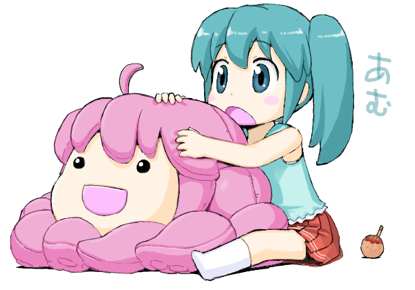 hatsune miku, megurine luka, takoluka, vocaloid, :d, aged down, ahoge, blush, blush stickers, chibi, child, eating, food, open mouth, simple background, smile, socks, takoyaki, twintails