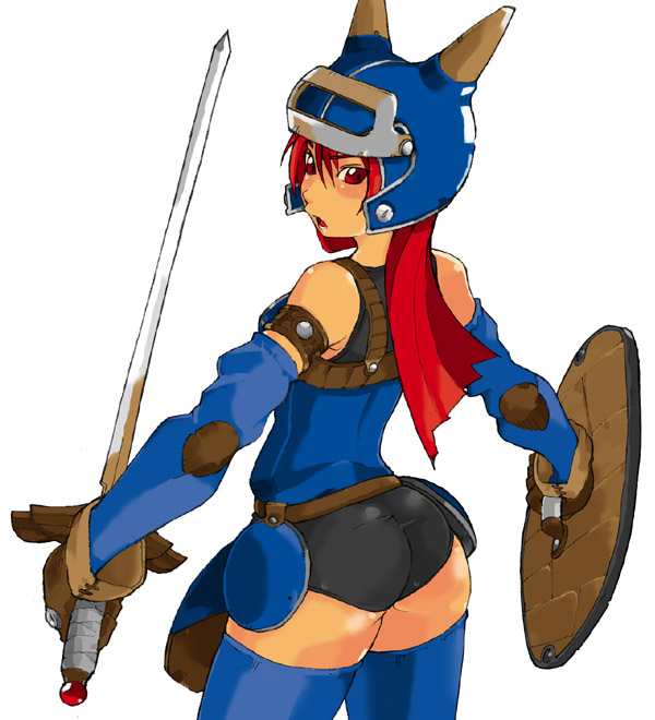 daisy (dq), dragon quest, dragon quest yuusha abel densetsu, square enix, 1girl, armor, ass, blue armor, female focus, gloves, gluteal fold, helmet, red eyes, red hair, shield, solo, sword, weapon